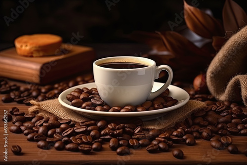 taza de café, sobre plato rodeada de granos de cafe, sobre fondo oscuro, ilustración de IA generativa