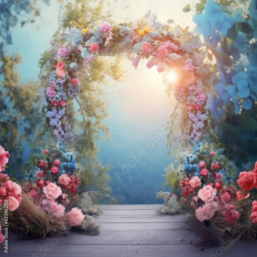 wedding arch with bright flowers on blurred background.