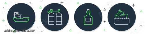 Set line Aqualung, Rum bottle, Cargo ship and Cruise icon. Vector