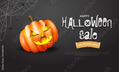 halloween sale banner with relistic pumpkin and Spider web photo