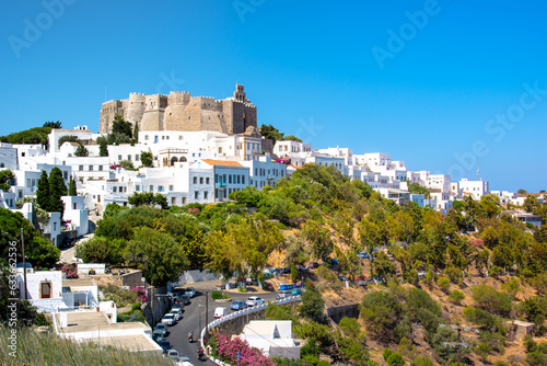 Obraz na płótnie The three windmills of Chora and iconic Monastery of Saint John the Theologian in chora of Patmos island, Dodecanese, Greece w salonie
