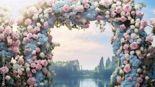 Fotografiet wedding arch with bright flowers on blurred background.