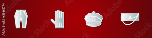 Set Pants, Leather glove, Police cap with cockade and Clutch bag icon. Vector