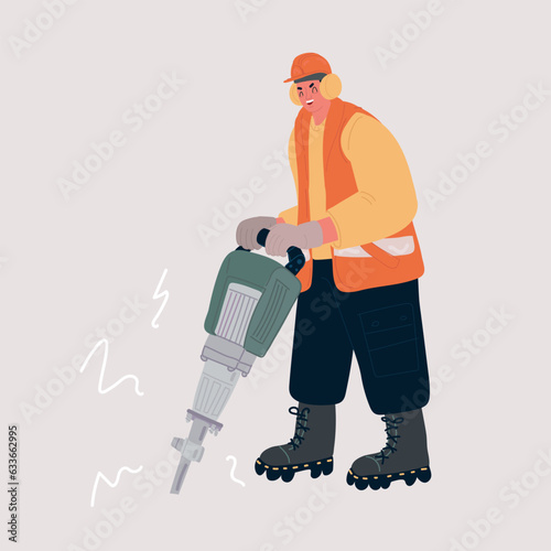 Vector illustration of workman using pneumatic drill. Worker with jackhammer