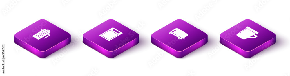 Set Isometric Teapot, Cutting board, Toaster and Coffee cup icon. Vector Set Isometric Teapot, Cutting board, Toaster and Coffee cup icon. Vector