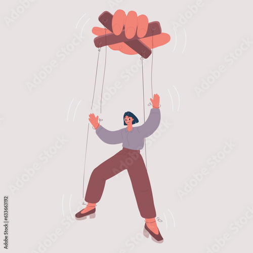 Vector illustration of Puppeteer Hand Controlling Puppet. Business woman being controlled by puppet master. Manipulates person like a puppet. marionette, Mind controlled.