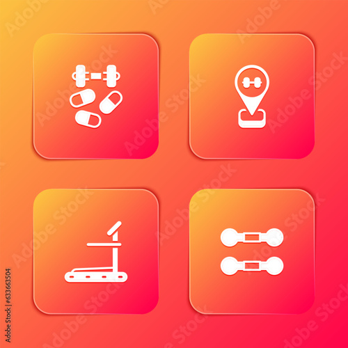 Set Sports doping with dumbbell, Location gym, Treadmill machine and Dumbbell icon. Vector