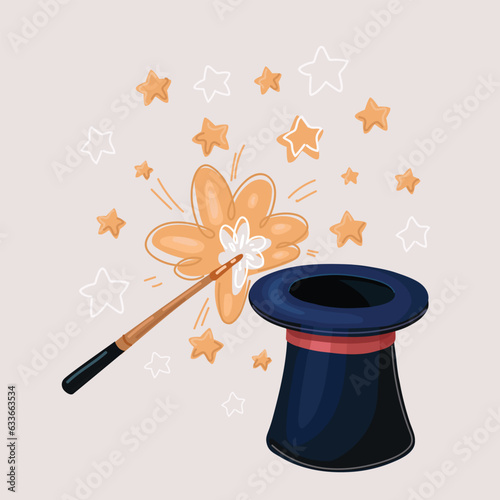 Vector illustration of hat and magic wand with sparkles. Circus show, magician illusionist or wizard cylinder cap with stick, trick illusion