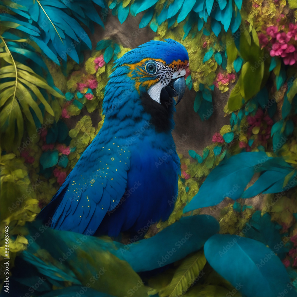 Obraz premium a serene aura amidst a mystical forest, the ethereal humanoid macaw with celestial wings perches atop ancient trees, embodying avian and human wisdom, while its otherworldly glow softly illuminates