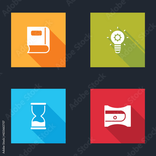 Set Book, Light bulb, Old hourglass and Pencil sharpener icon. Vector