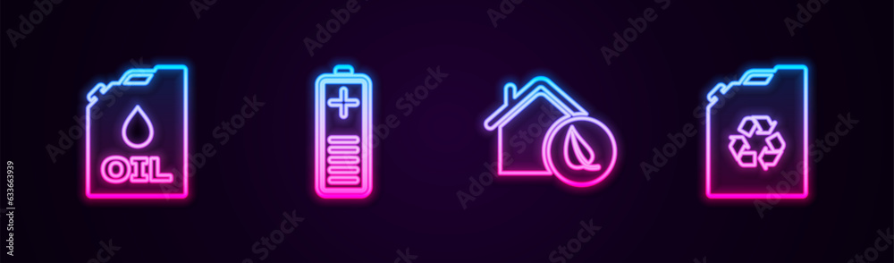Set line Canister machine oil, Battery charge level indicator, Eco friendly house and fuel canister. Glowing neon icon. Vector Set line Canister machine oil, Battery charge level indicator, Eco friendly house and fuel canister. Glowing neon icon. Vector