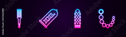 Set line Spanking paddle, Condom safe sex, Dildo vibrator and Anal beads. Glowing neon icon. Vector