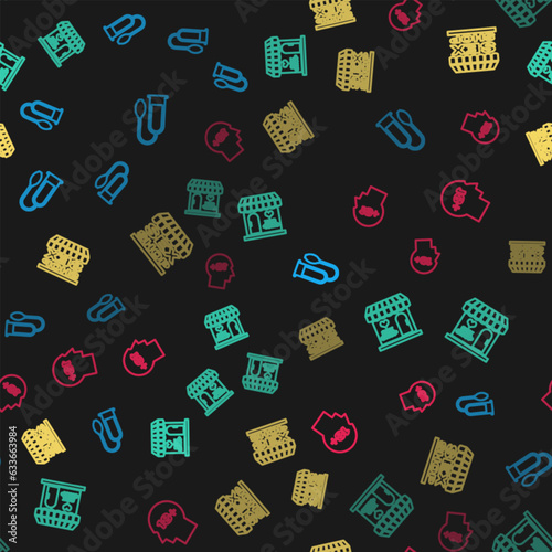 Set line Penis pump, Sex shop building, and Head with 18 plus on seamless pattern. Vector
