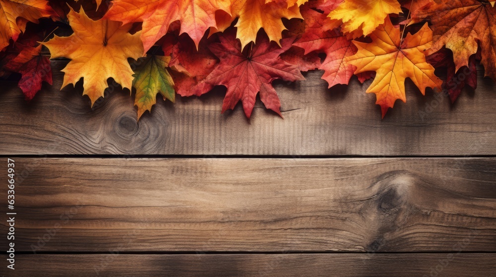 Fall scenery leaves on wood background Fall scenery leaves on wood background