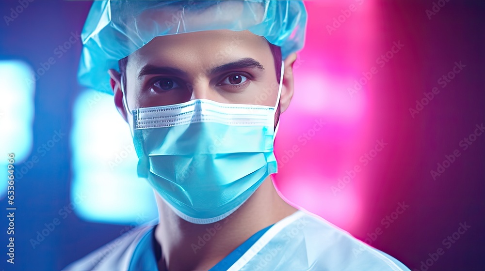 Smiling surgeon in mask with medical clipboard abstract background Smiling surgeon in mask with medical clipboard abstract background