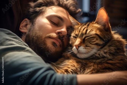 a man sleeps with a cat. Pets. love.
