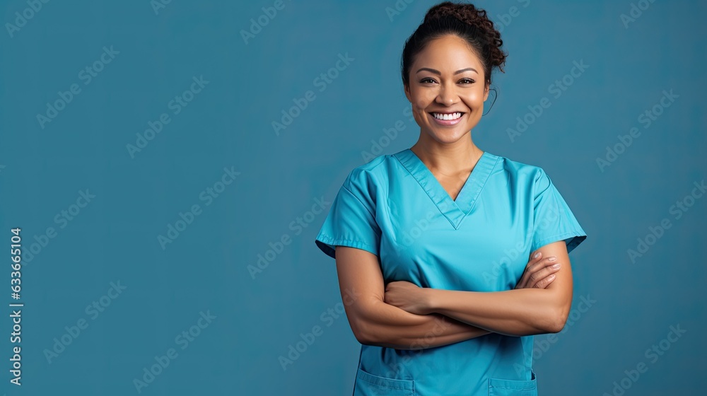 Beautiful Latin nurse with crossed arms blue background