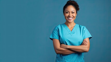 Beautiful Latin nurse with crossed arms blue background