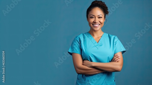 Beautiful Latin nurse with crossed arms blue background photo