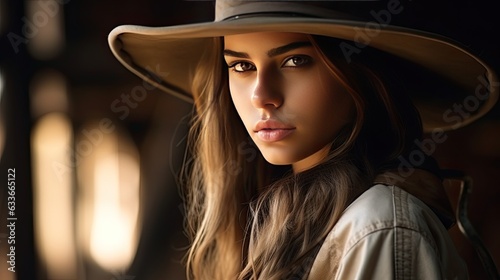 Selective focus portrait of a girl wearing a cowboy hat with open area for text