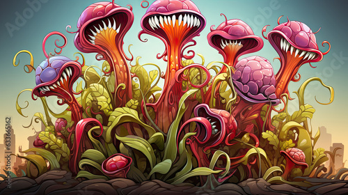 Illustration of a fantasy garden with Venus flytrap flowers and plants in the background. photo