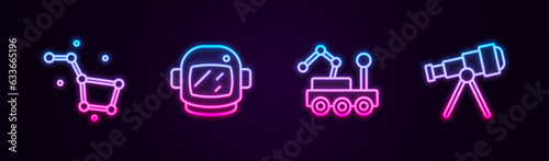 Set line Great Bear constellation, Astronaut helmet, Mars rover and Telescope. Glowing neon icon. Vector