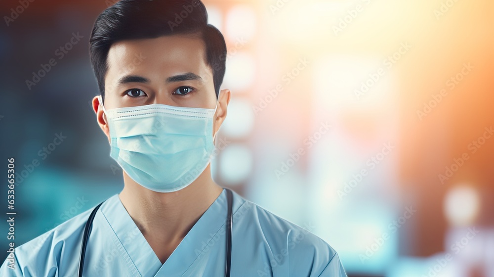 Smiling Asian surgeon in mask looking at camera on pink background banner Smiling Asian surgeon in mask looking at camera on pink background banner