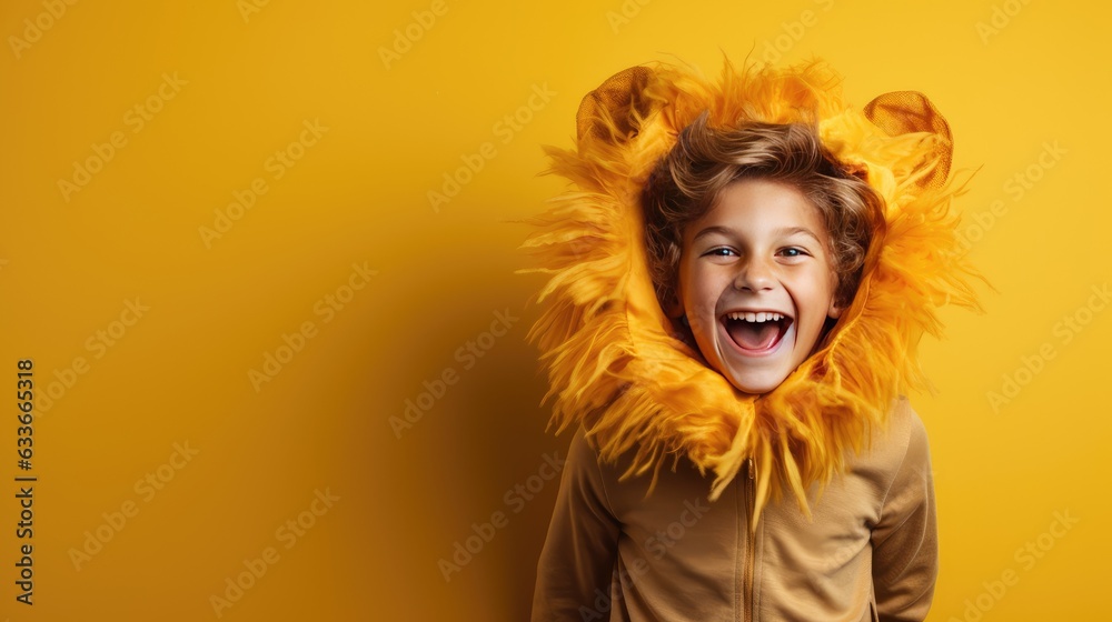 Copy space available on yellow banner for Halloween costume of adorable young boy resembling a lion Copy space available on yellow banner for Halloween costume of adorable young boy resembling a lion