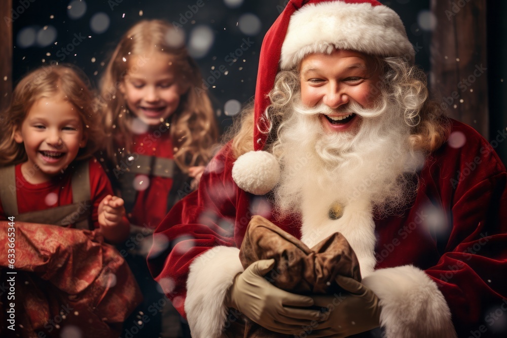 happy santa with children near the fireplace on christmas night. - obrazy, fototapety, plakaty 