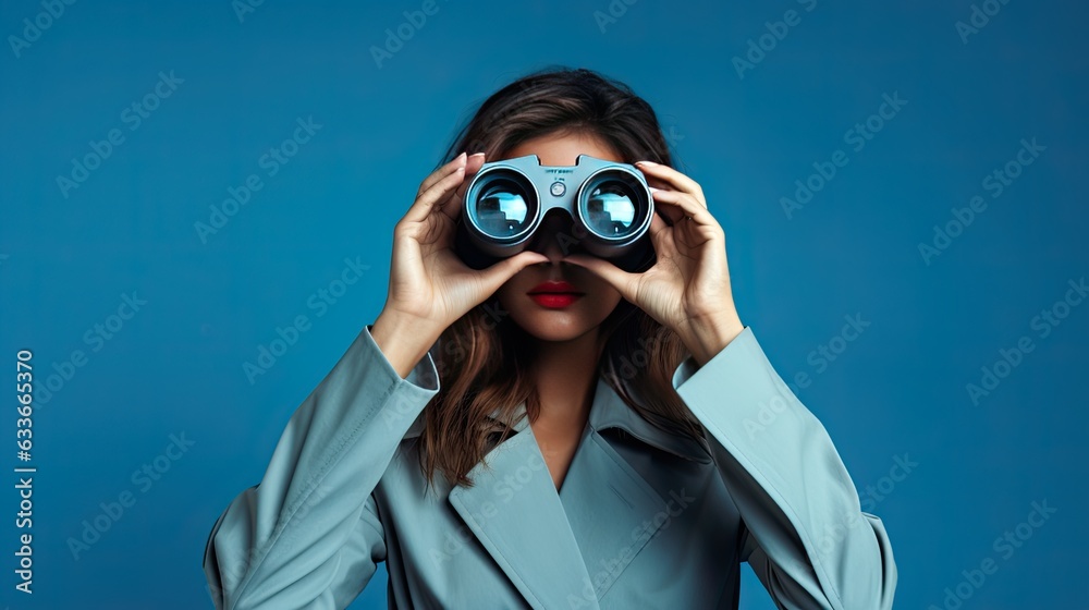 Woman using binoculars on a blue backdrop