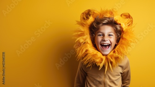 Copy space available on yellow banner for Halloween costume of adorable young boy resembling a lion © HN Works