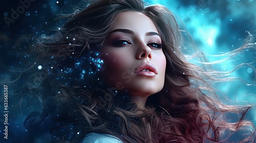 Attractive woman s face against a celestial backdrop