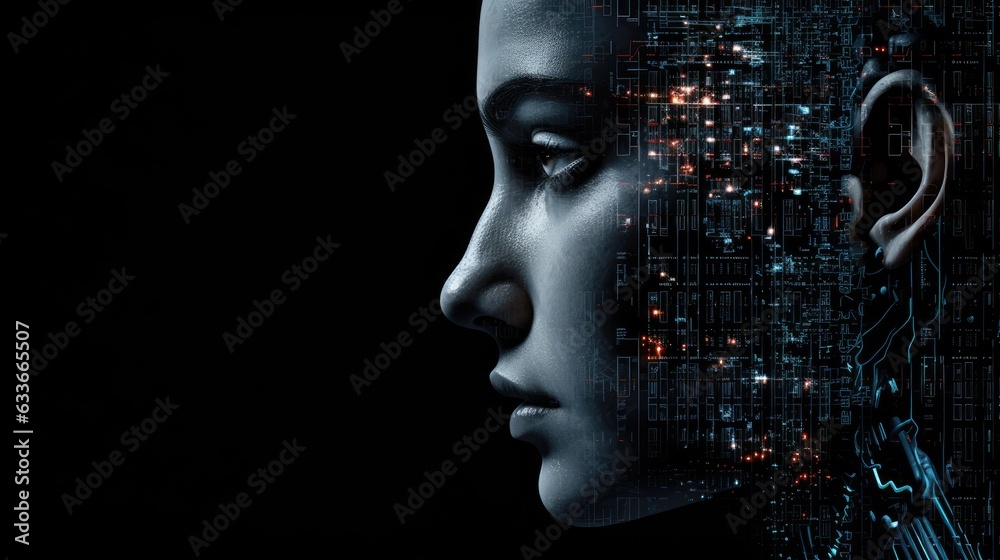 Binary head on black background with empty area for use Binary head on black background with empty area for use