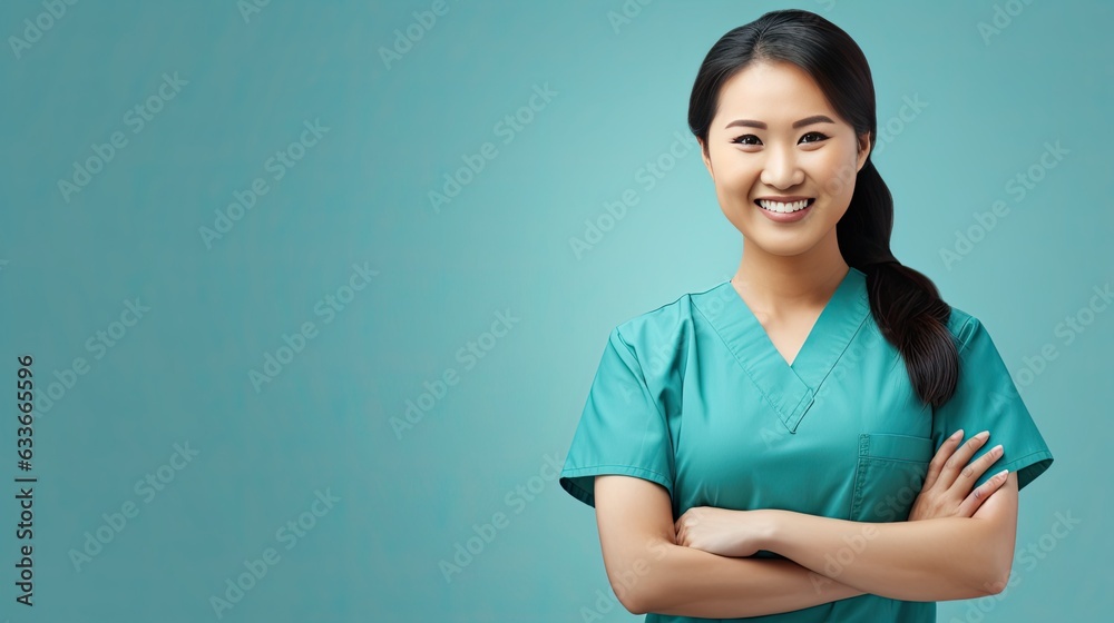 Beautiful Asian nurse in scrub with crossed arms blue background studio portrait Healthcare personnel physiotherapy banner Beautiful Asian nurse in scrub with crossed arms blue background studio portrait Healthcare personnel physiotherapy banner