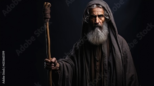 An isolated prophet holding a staff against a black background Ample space available photo