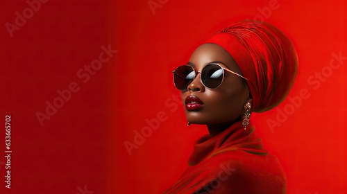 A fictional black woman with a turban and sunglasses poses in front of a red backdrop leaving room for text