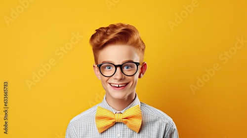 Teenage boy with ginger hair glasses and bow ties isolated on yellow background photo