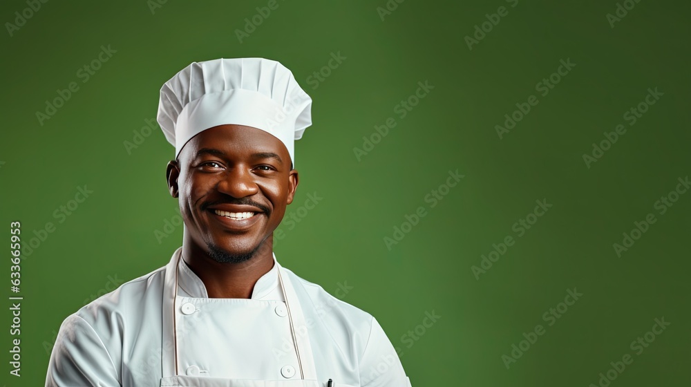 Smiling African American male chef on solid green background Smiling African American male chef on solid green background