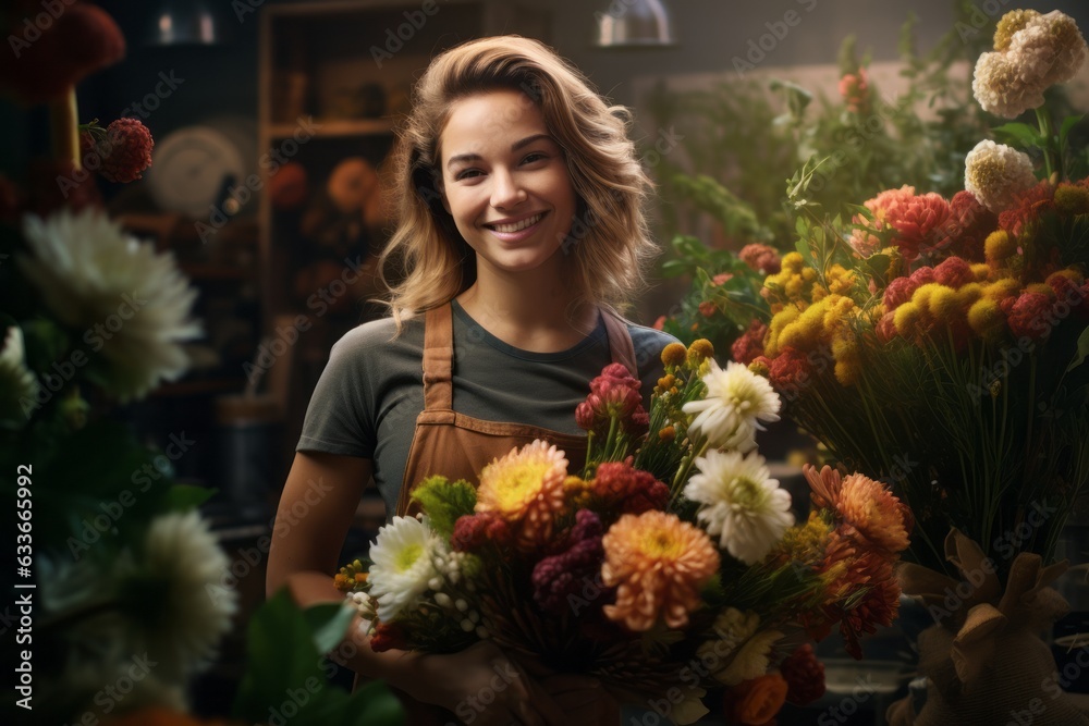 a girl florist arranges flowers in a flower shop.