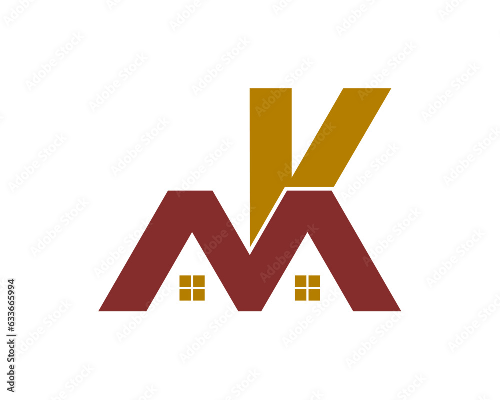 Vetor de K and M Letter in roof house shape vector logo do Stock