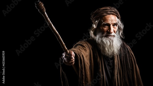Fotografie, Obraz An isolated prophet holding a staff against a black background Ample space avail