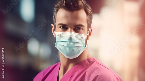 Smiling male surgeon wearing mask looking at camera pink background