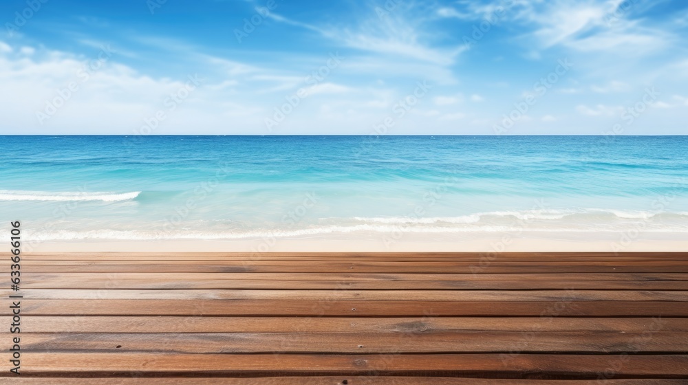 Wooden table for product display with a beach background and space for text Wooden table for product display with a beach background and space for text