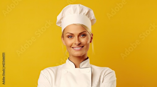 Smiling blond female chef isolated on yellow background