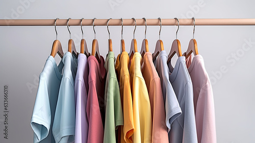 Row of colourful clothes on hangers in pastel rainbow colours.