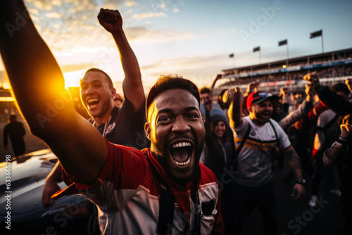 Car racing supporters elated by a victory lap  photo