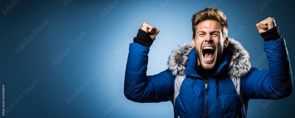 Icelandic football fan celebrating a victory on blue and white background with empty space for text Icelandic football fan celebrating a victory on blue and white background with empty space for text