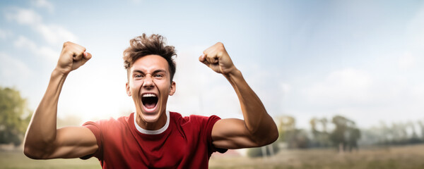 Polish football fan celebrating a victory on white and red background with empty space for text 