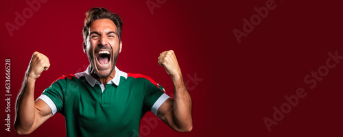 Italian football fan celebrating a victory on green white and red background with empty space for text 