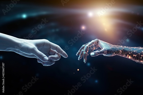 Futuristic AI and Machine Learning: Robotic and Human Hands Embracing Big Data in the Global Network Connection, Internet, and Digital Technology of Science and Artificial Intelligence Generative AI,